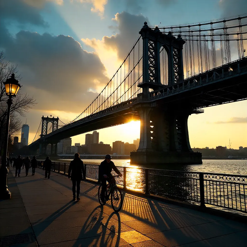 Silhouetted Pedestrians and Cyclist by Manhattan Bridge