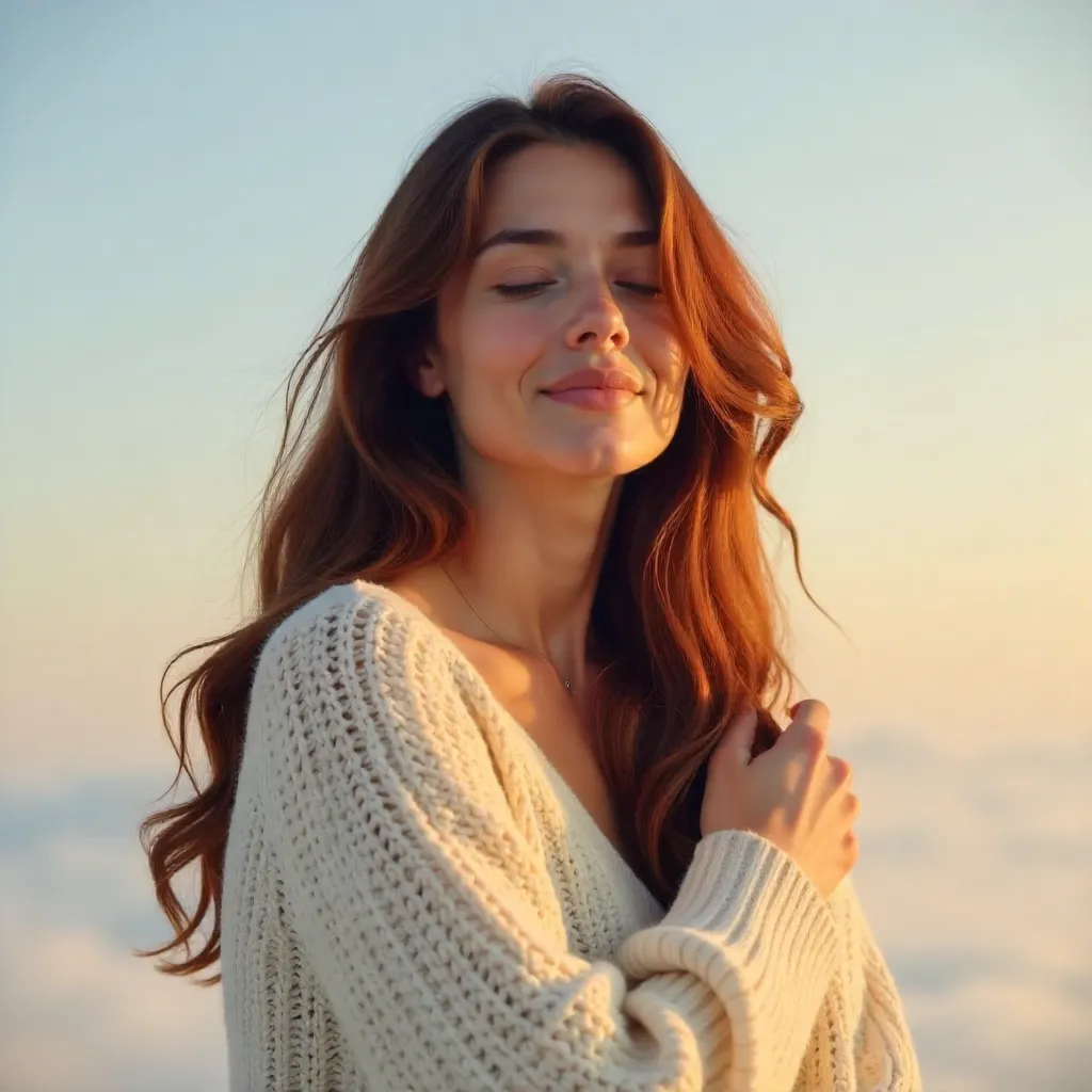 Serene Self-Embrace Portrait Under Minimal Sky
