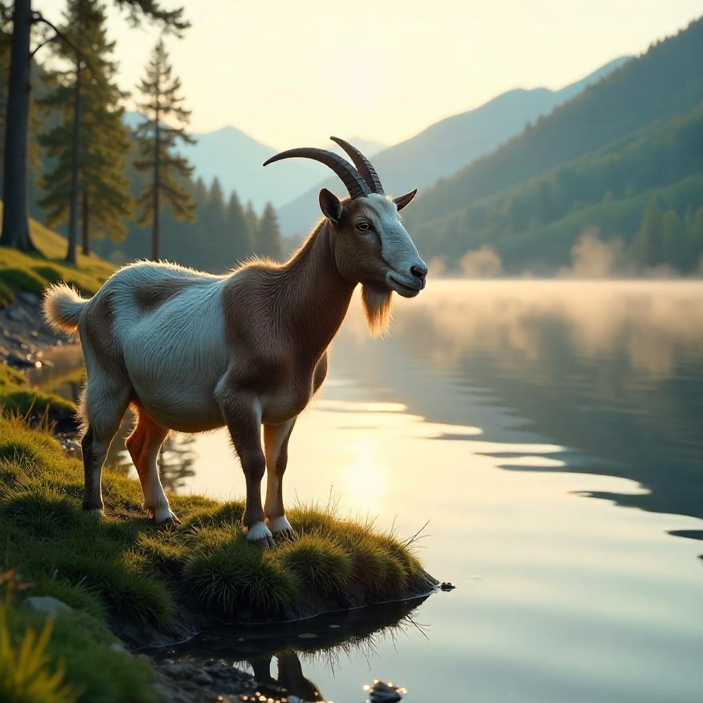 Photorealistic Goat by a Tranquil Lakeside