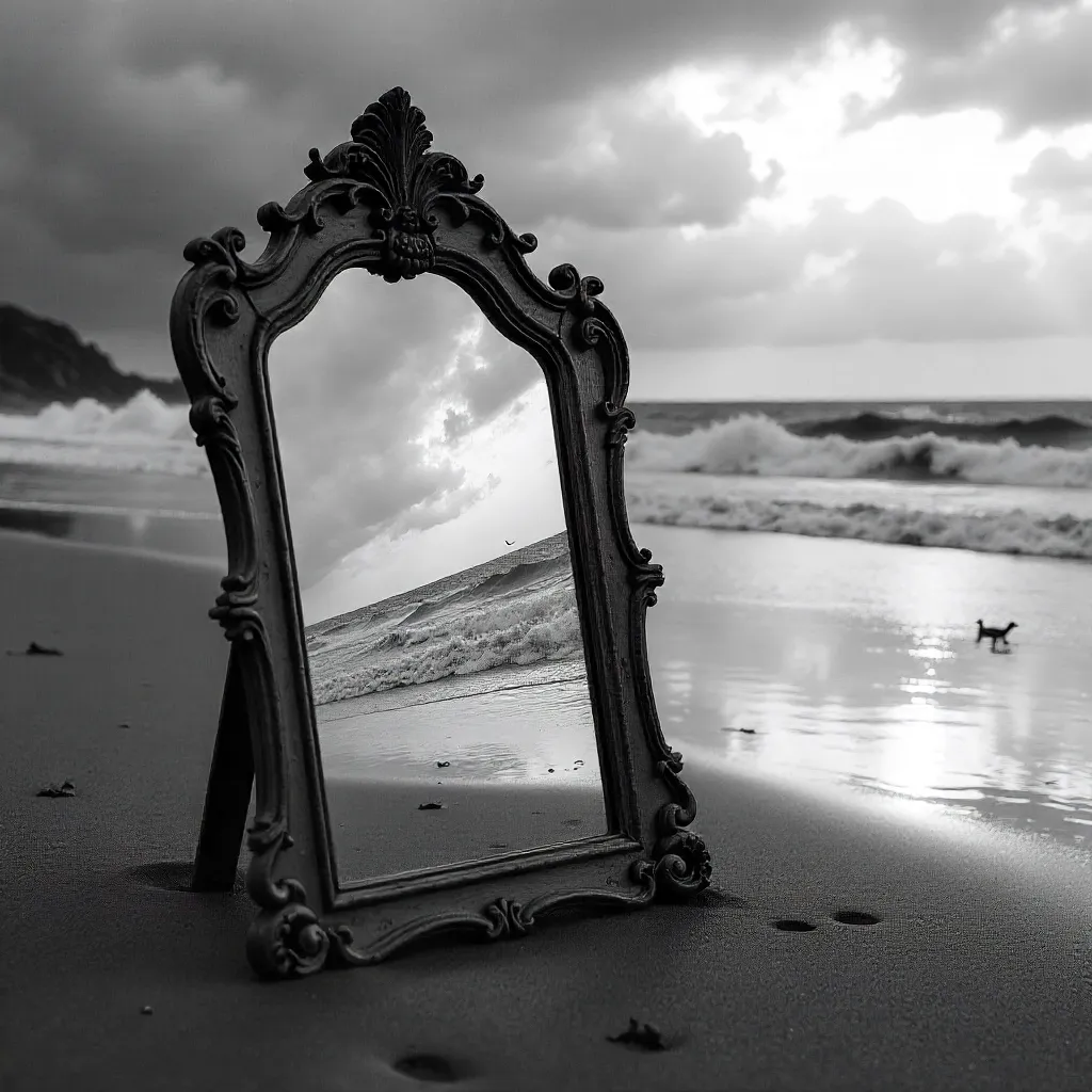 Mirror of the Beach: A Dramatic B&W Reflection
