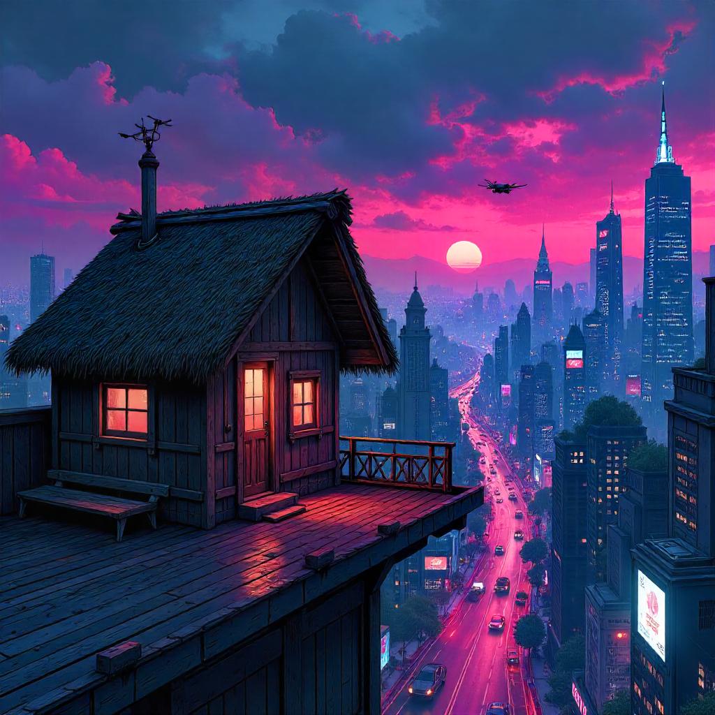 Hut in Neon Metropolis: A Comic City Scene
