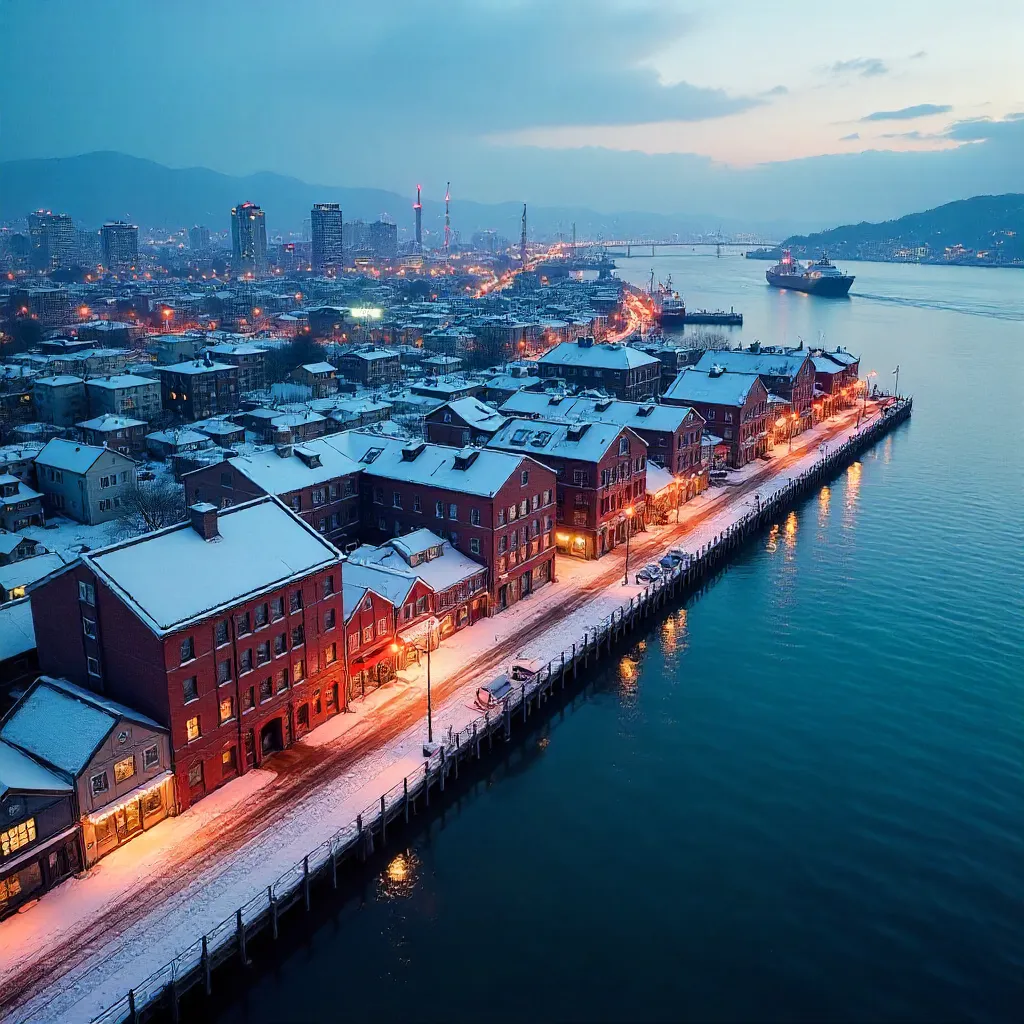 Aerial Winter Glow over Hakodate Port and City