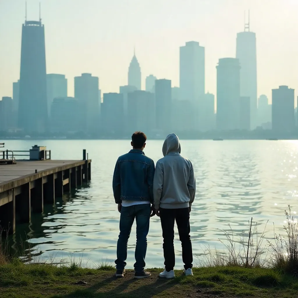 Two by the River Under a Hazy City Skyline