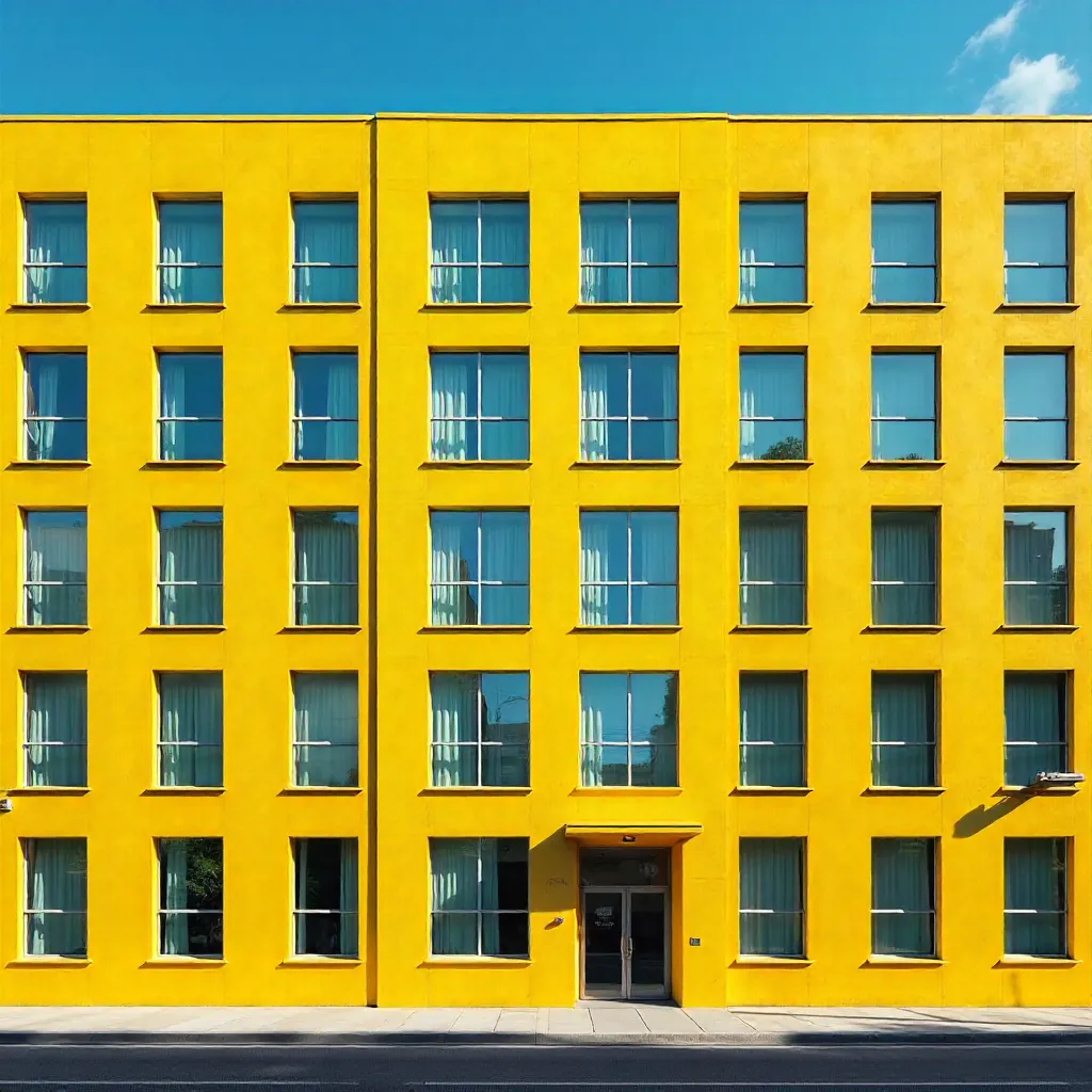 Bright yellow building facade with rows of windows