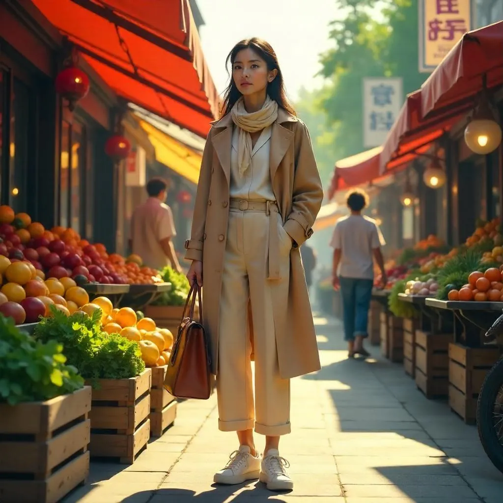 Stylish Asian Woman at a Lively Farmers Market
