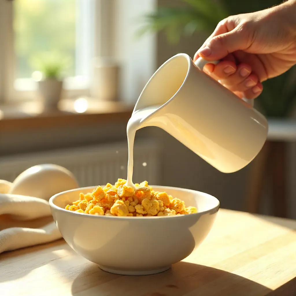 Morning Breakfast: Hand Pouring Milk into Cereal
