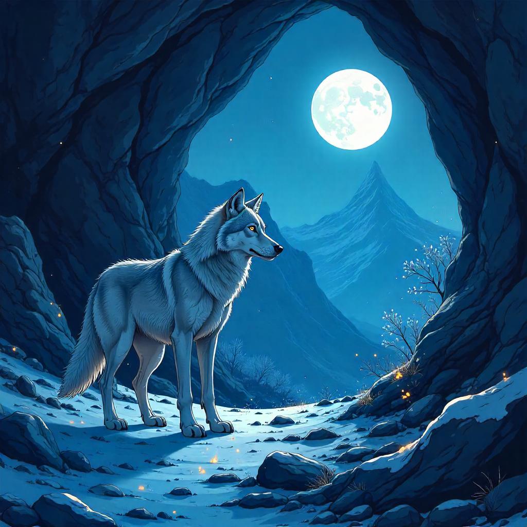 Moonlit Anime Wolf in a Mountain Cave
