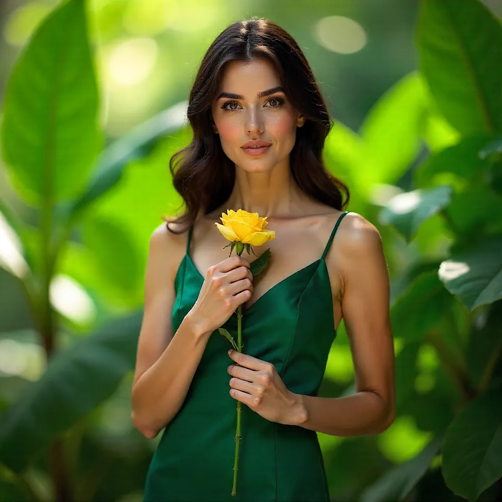 Emerald Green Dress with Yellow Rose in Leafy Backdrop