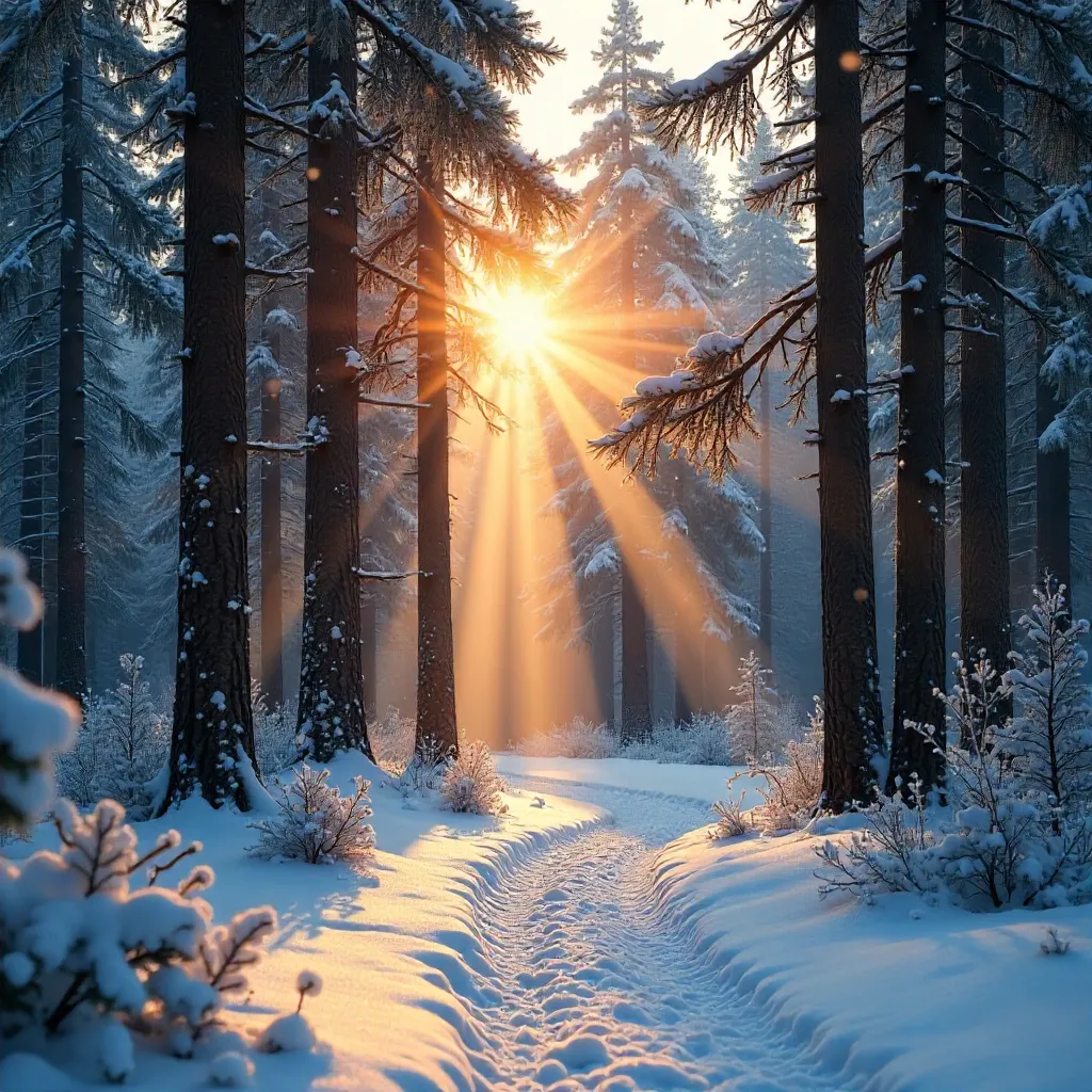 Sunburst Through a Peaceful Winter Forest