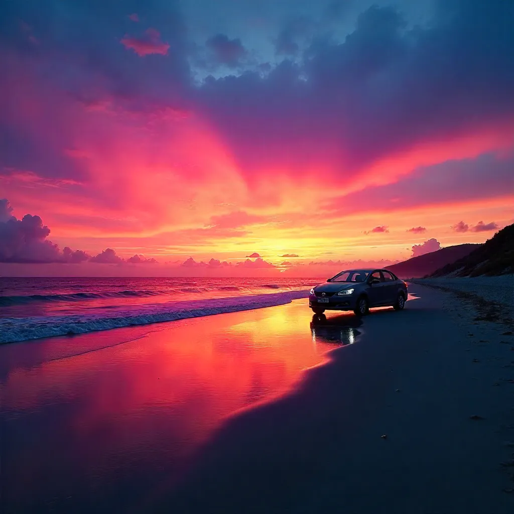 Twilight Beach Silhouette: Car Under a Vivid Sky