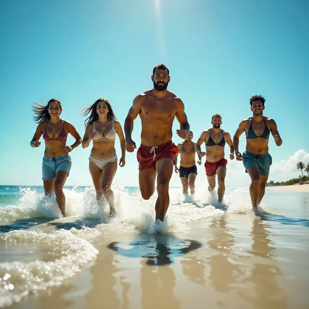 Group Run in Shallow Ocean Under Clear Blue Sky