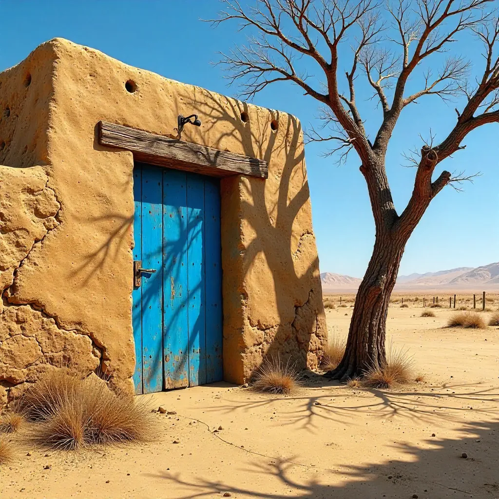 Blue Door in a Rustic Mud Wall Desert Landscape