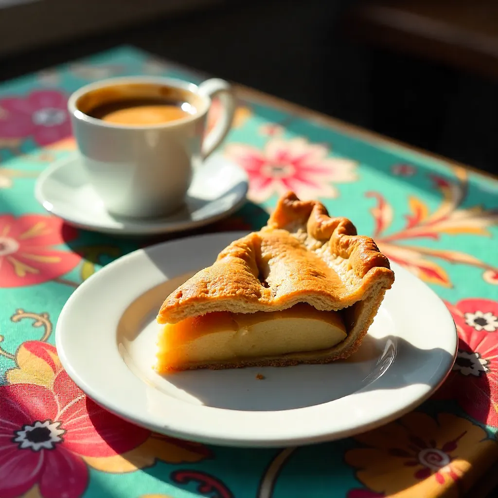 Sunlit Apple Pie Slice with Espresso on Colorful Tablecloth