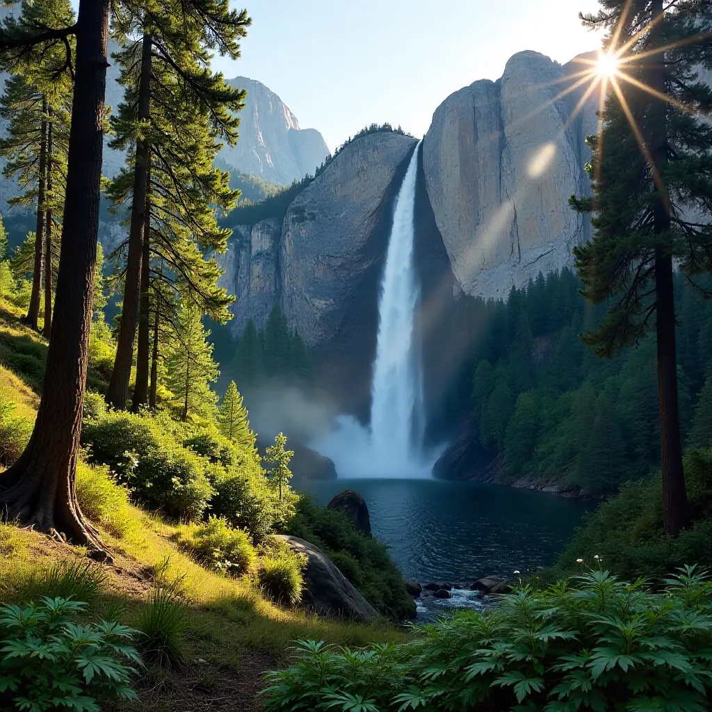Vernal Fall framed by forest and granite cliffs