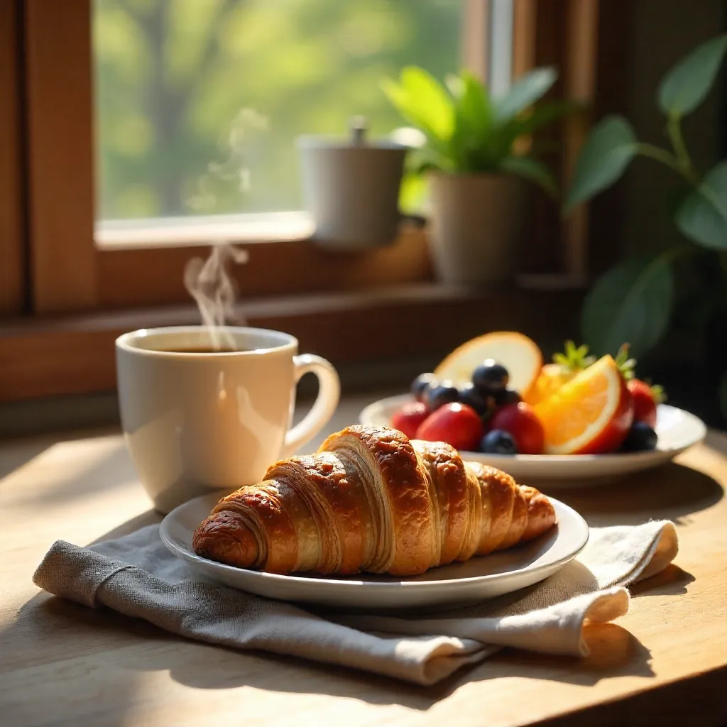 Sunlit Morning Table: Croissant, Coffee, and Fruit
