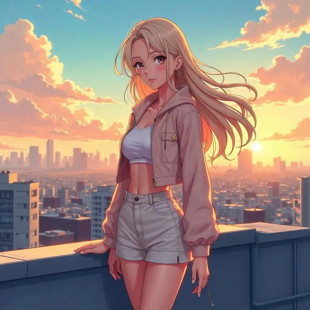 Rooftop Sunset Calm: Anime Woman in the City