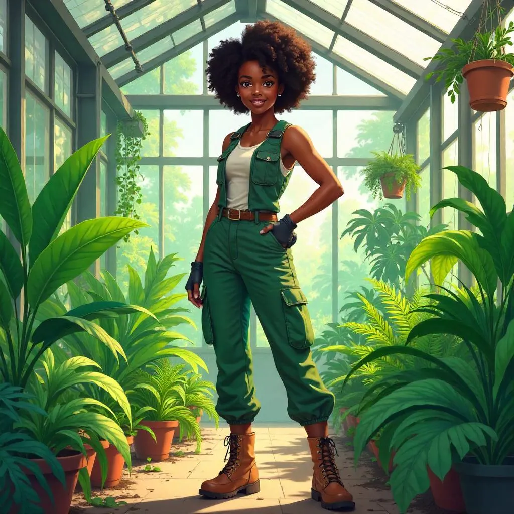 Confident Black Woman in a Lush Greenhouse - Anime Style