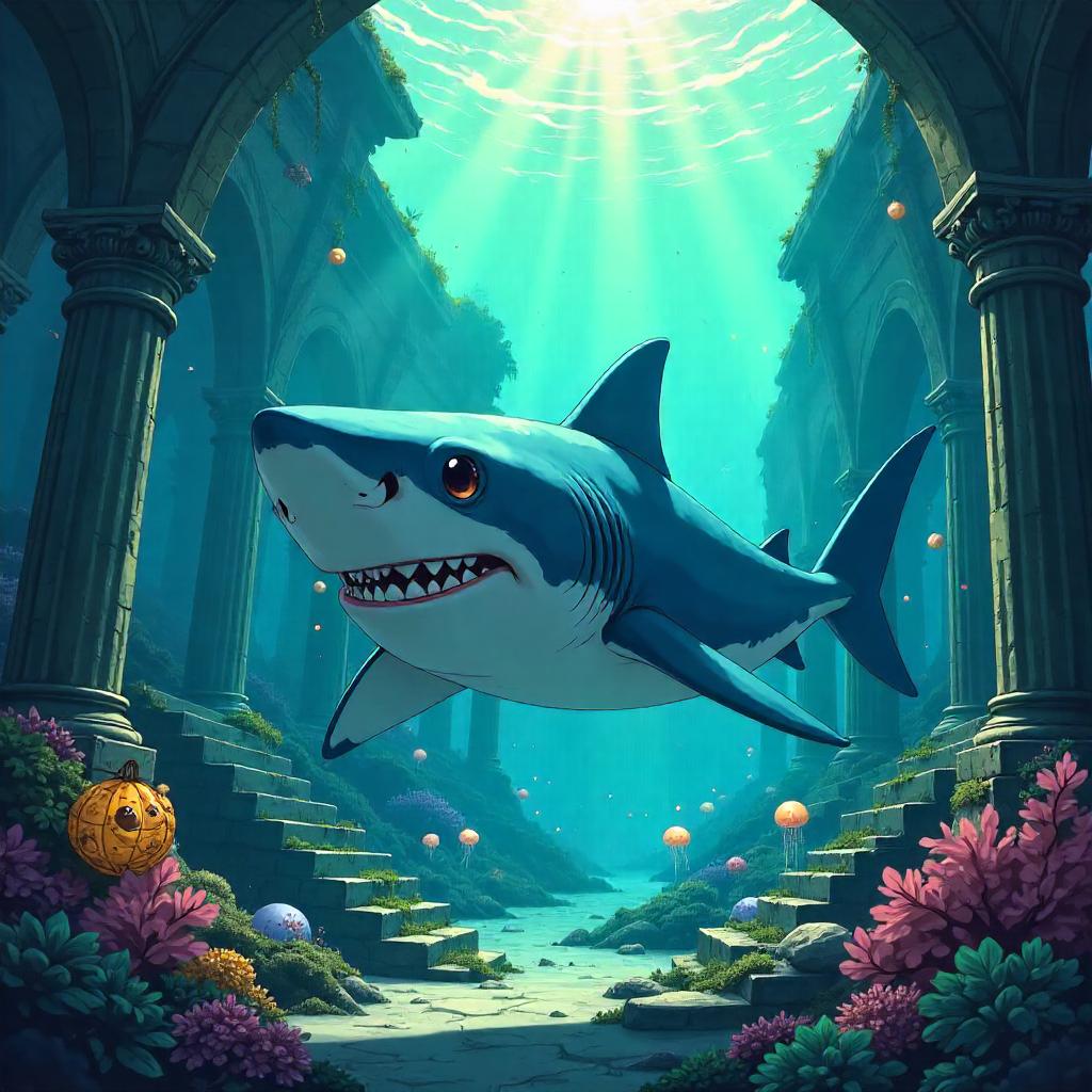 Anime Shark in a Submerged Lost City