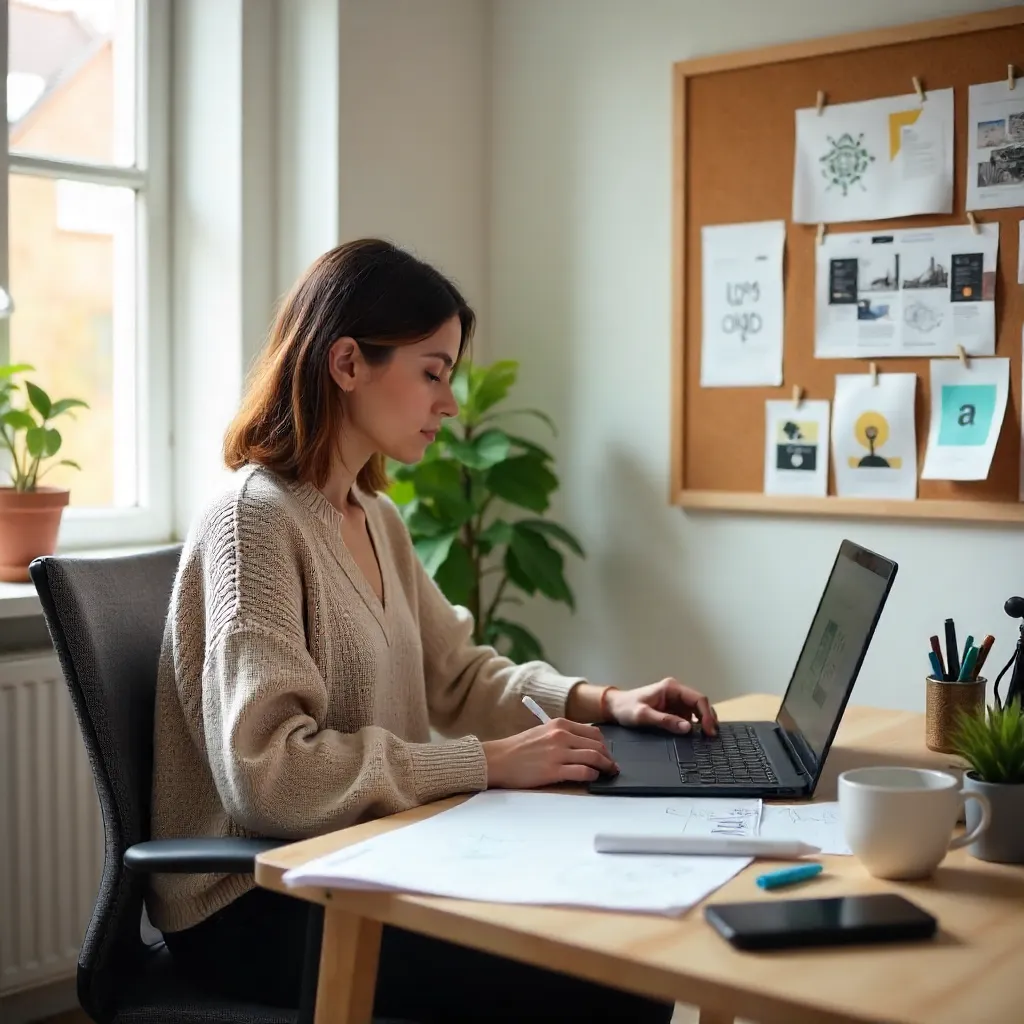 Young Creative Designer at Remote Desk with Sketches