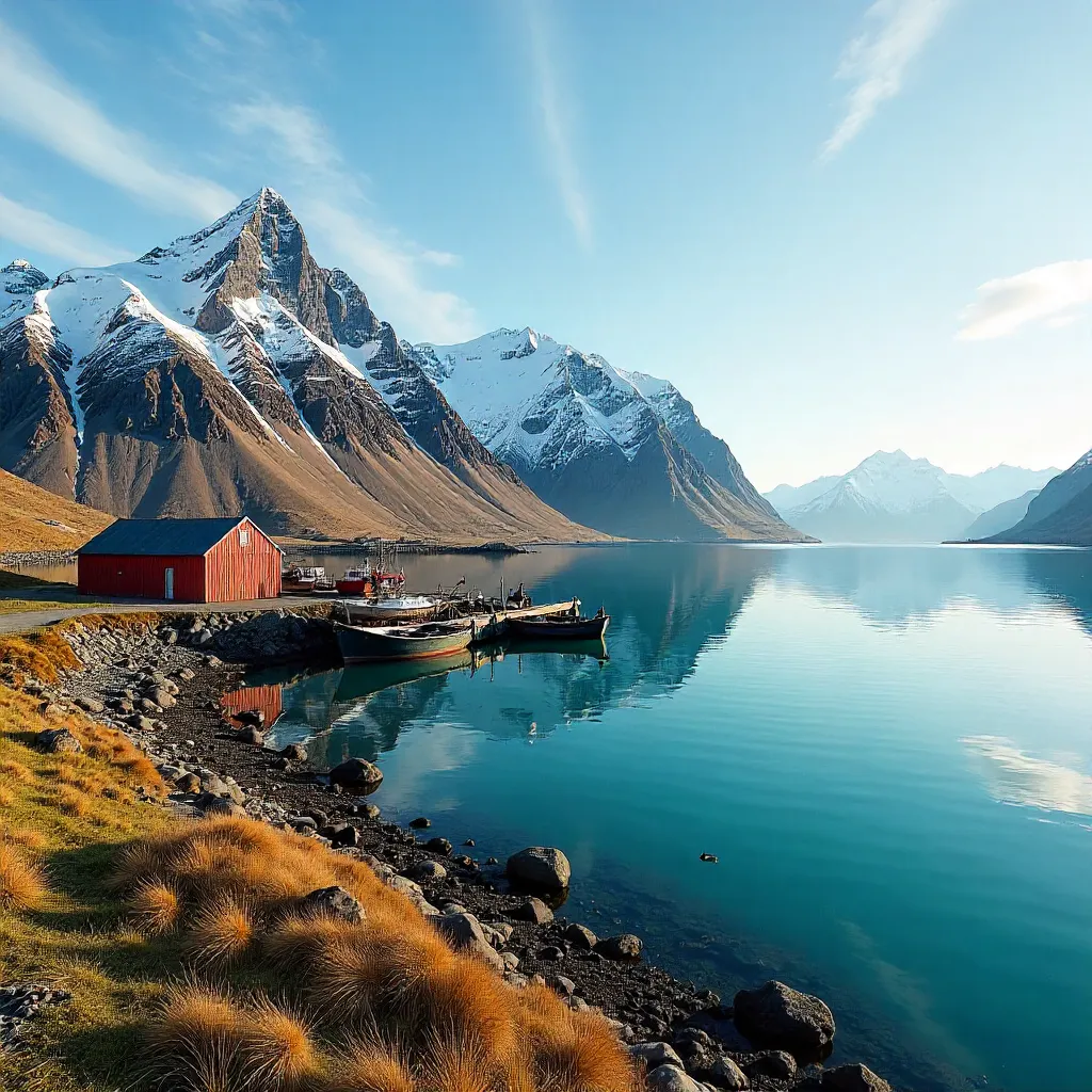 Sunlit Grytviken Harbor beneath Snowy South Georgia Peaks