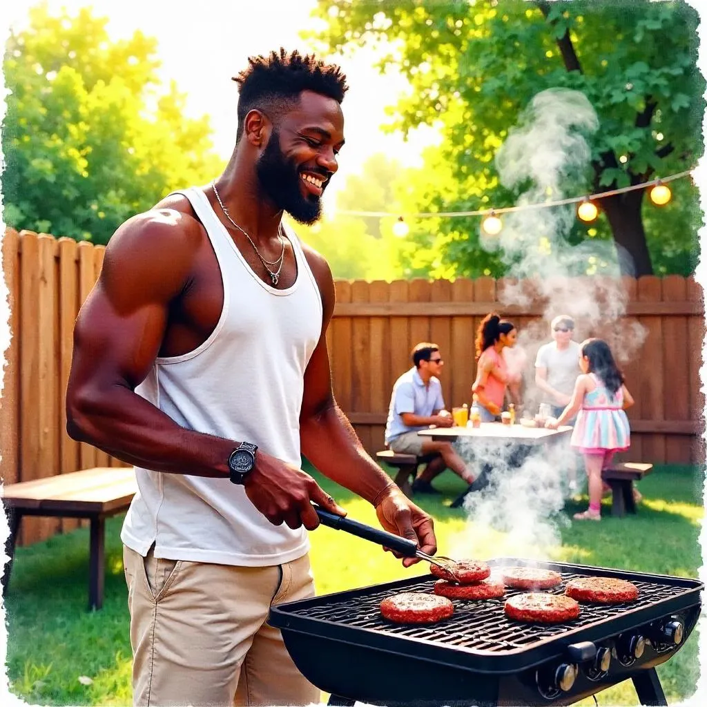 Watercolor BBQ: Athletic Black Man Grilling