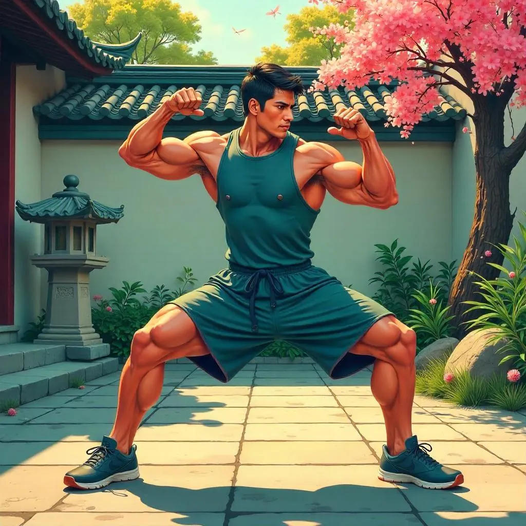 Athletic East Asian Man in Anime Courtyard