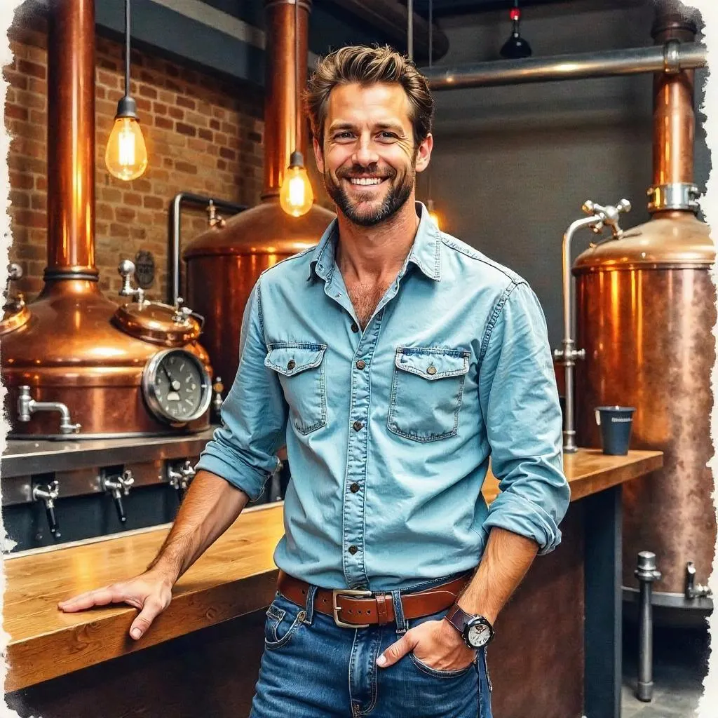 Confident White Man in a Watercolor Brewery Scene