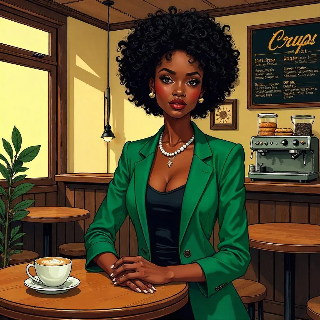 Elegant Black Girl in a Café, Comic Book Style