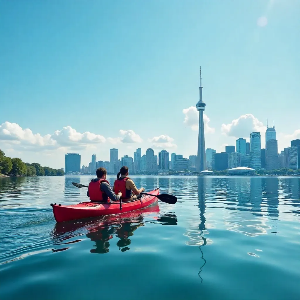 Canoeists on Lake Ontario with Toronto Skyline