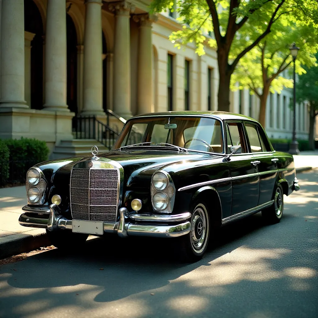 Vintage Black Mercedes by Sunlit Tree-Lined Street