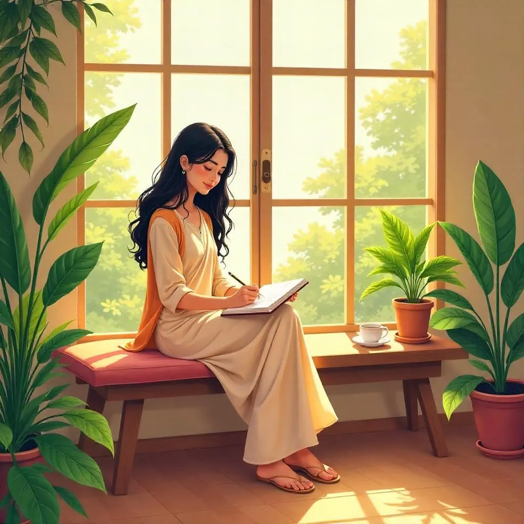 Sunlit Anime Portrait: Indian Woman in a Sunroom