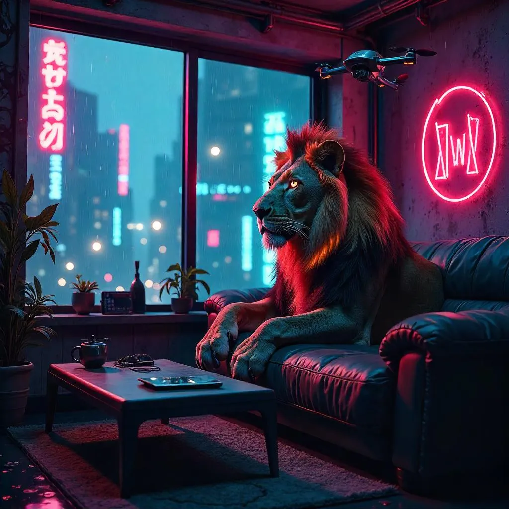 Neon King: A Lion in a Cyberpunk Apartment