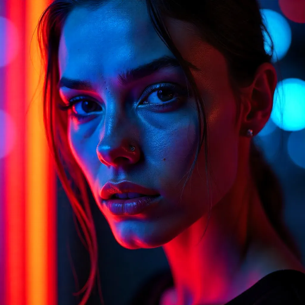 Crimson and Cobalt Neon Portrait