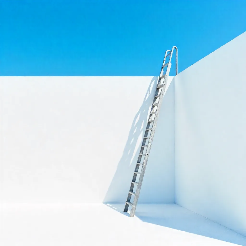 Minimalist White Wall and Ladder Under Bright Blue Sky
