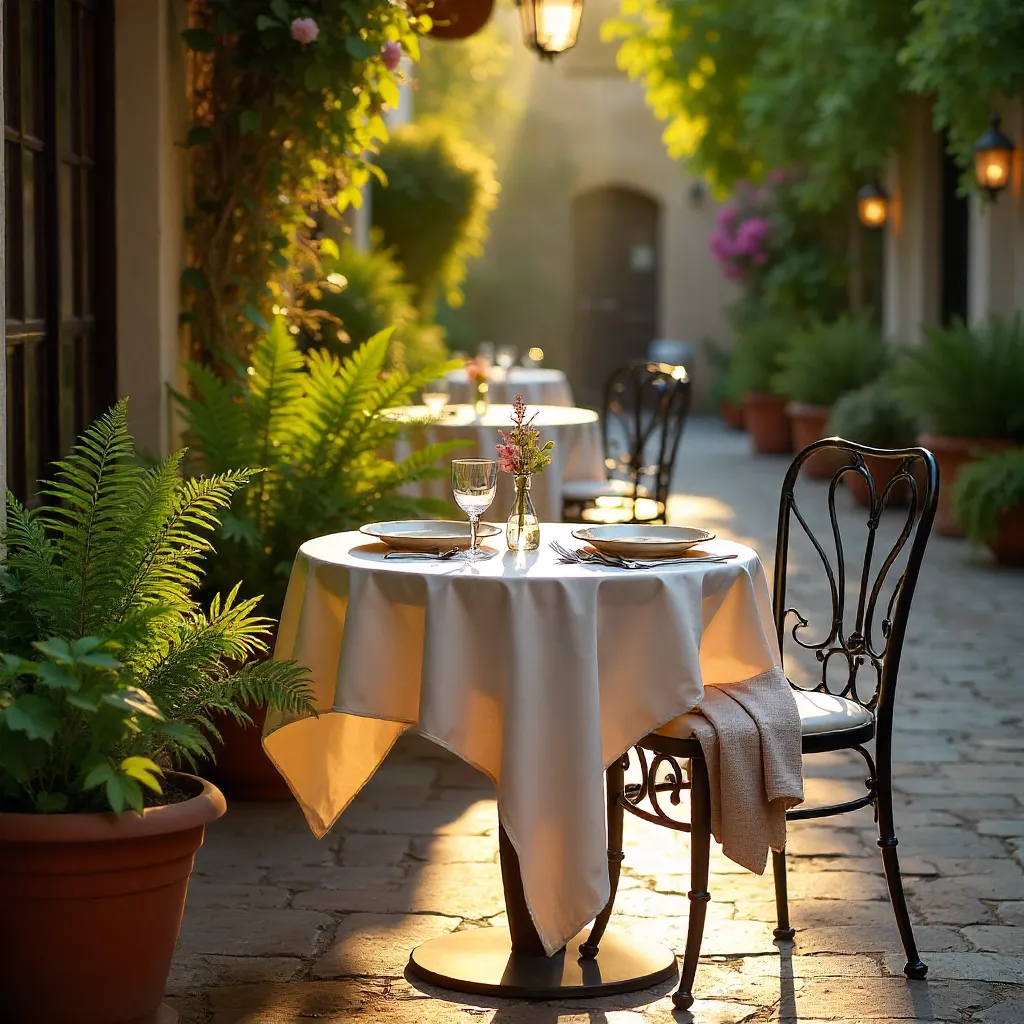 Charming Outdoor Café with Ferns and Elegant Tableware