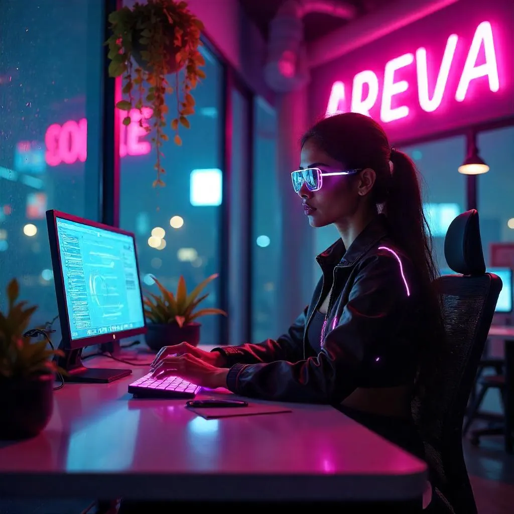 Cyberpunk Indian Woman in a Neon Co-Working Space