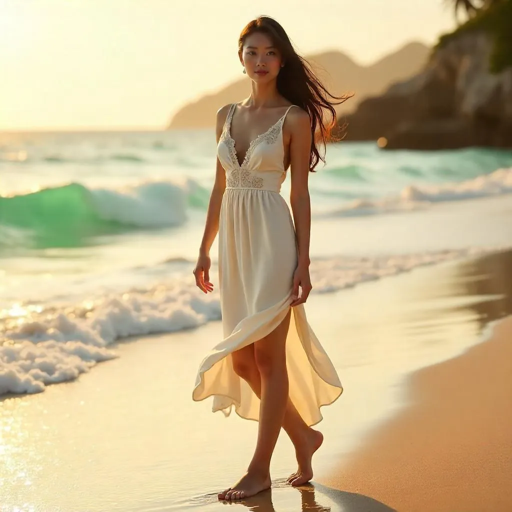 Elegant Asian Woman on a Golden Beach