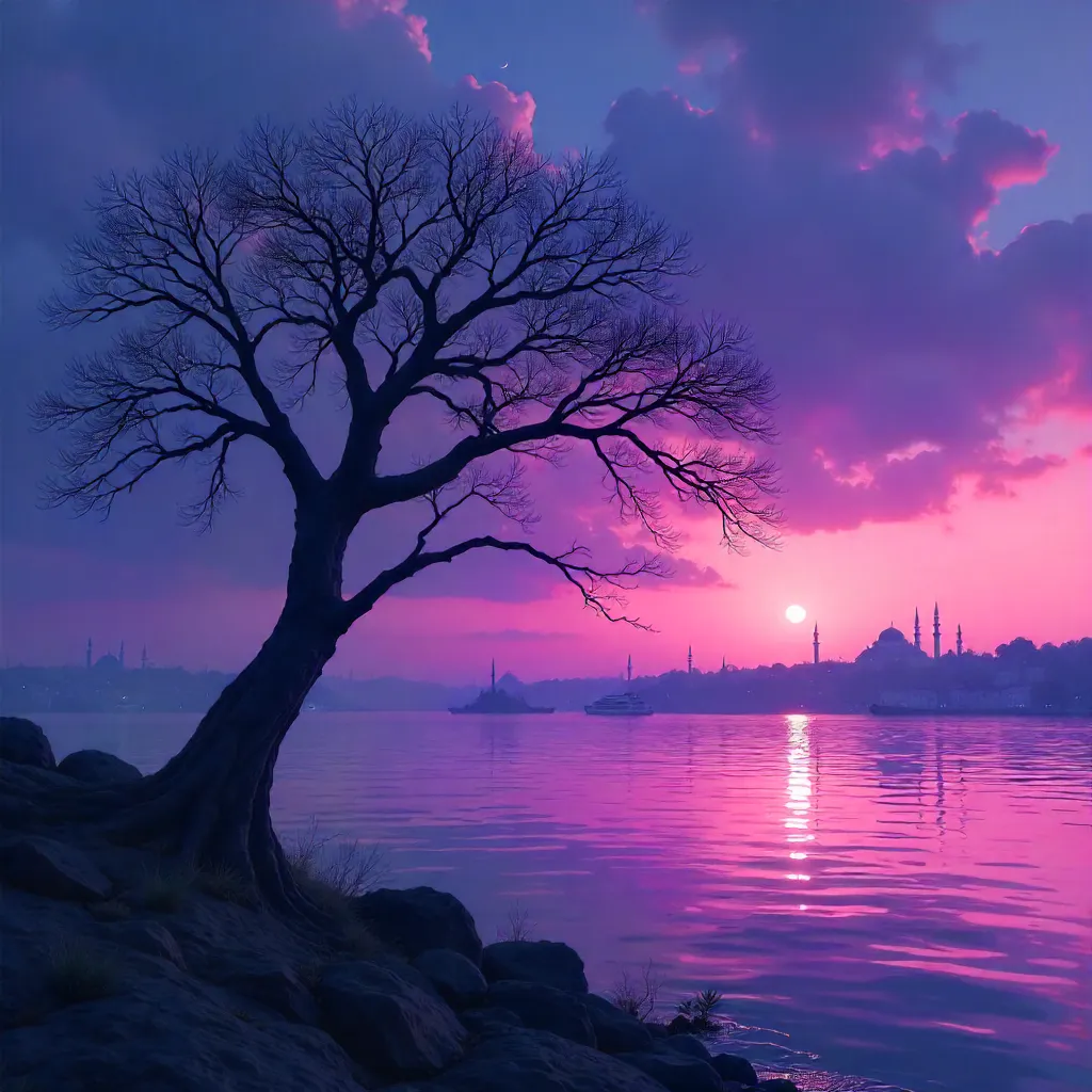 Silhouette of a Barren Tree Over Purple Istanbul Sunset
