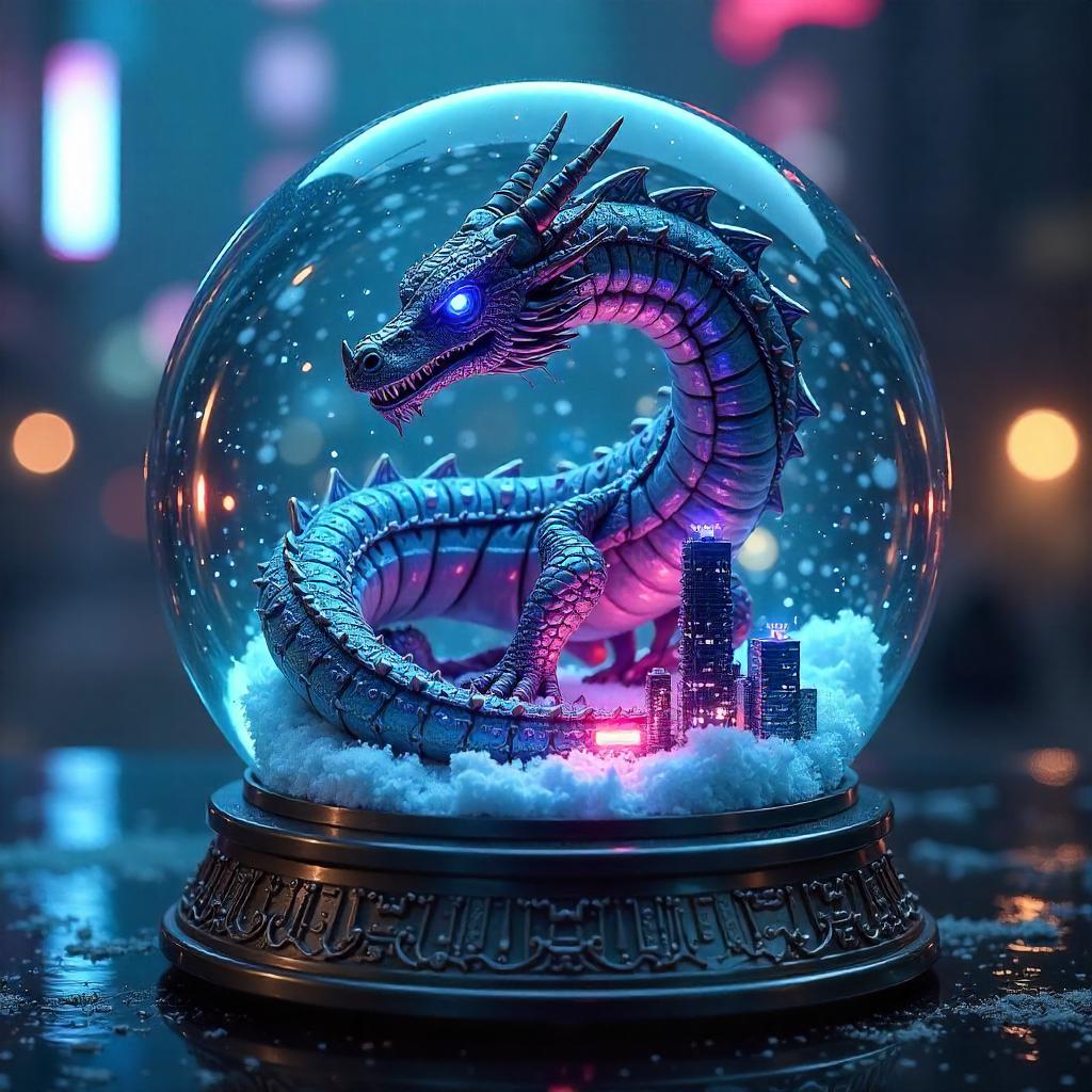 Neon Dragon Inside a Snow Globe: Cyberpunk Fantasy