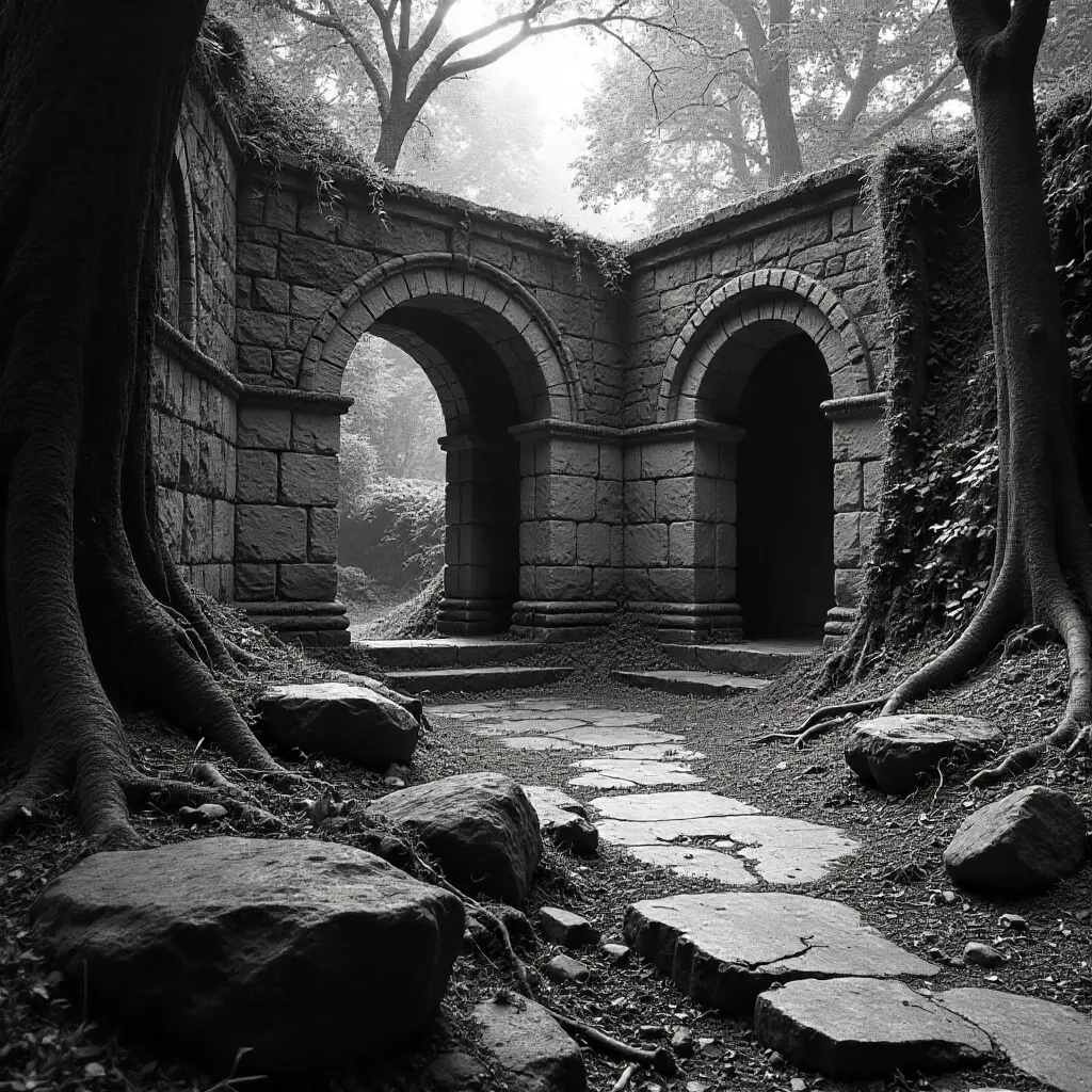 Monochrome Ruins: Stone and Forest in Silence