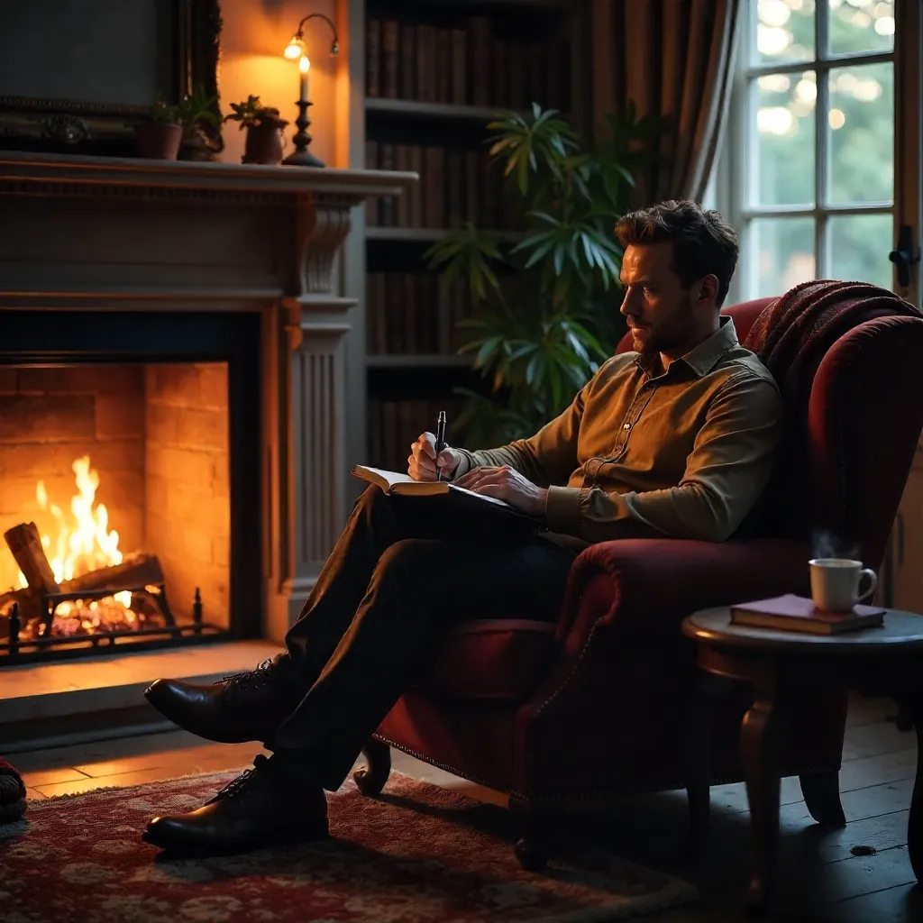 Thoughtful Man Writing by Warm Firelight