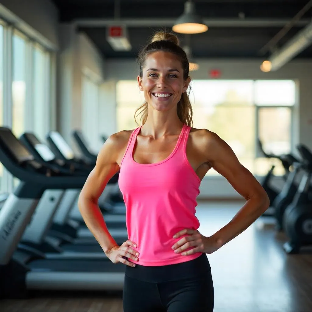 Cheerful Caucasian Woman in a Photorealistic Gym