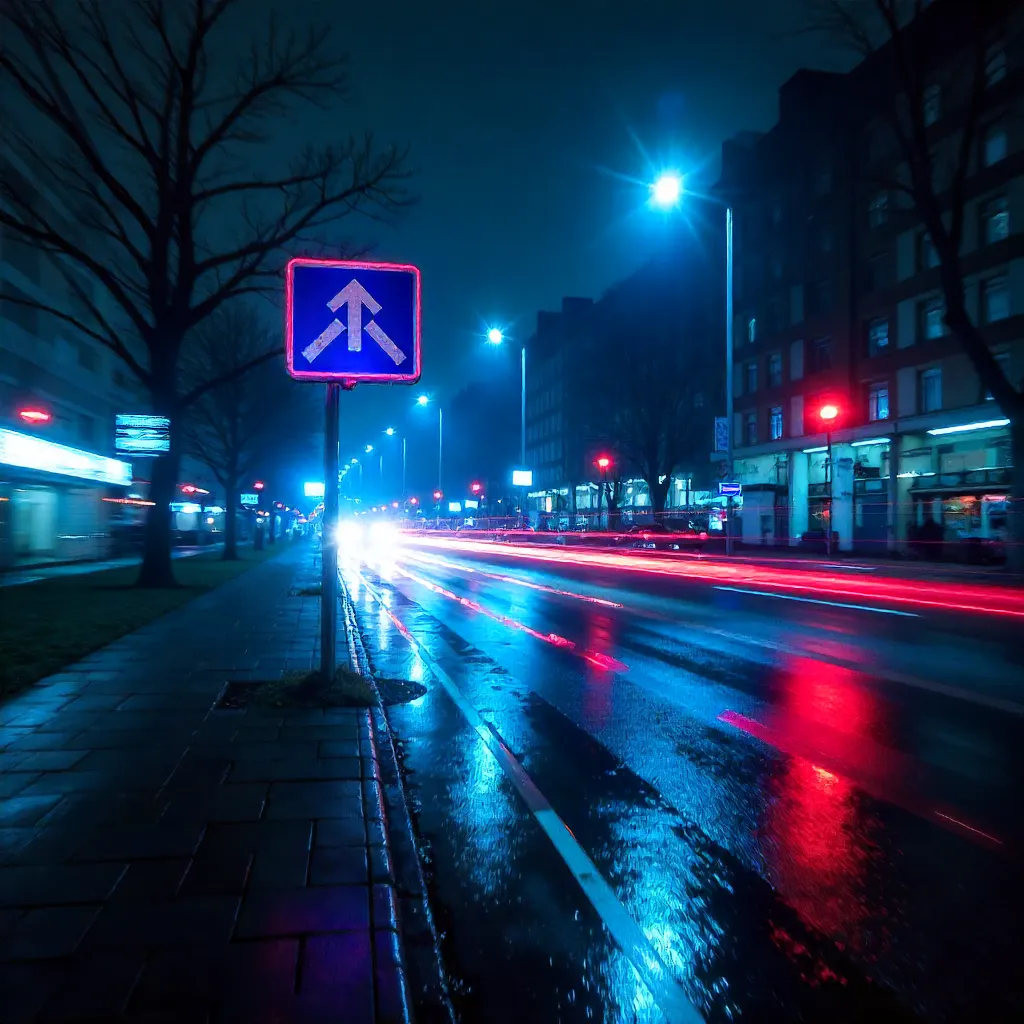 Nocturnal Blue Road Sign: An Abstract Blur at Night