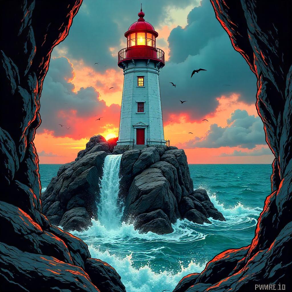 Waterfall in a Lighthouse: Comic Book Splash