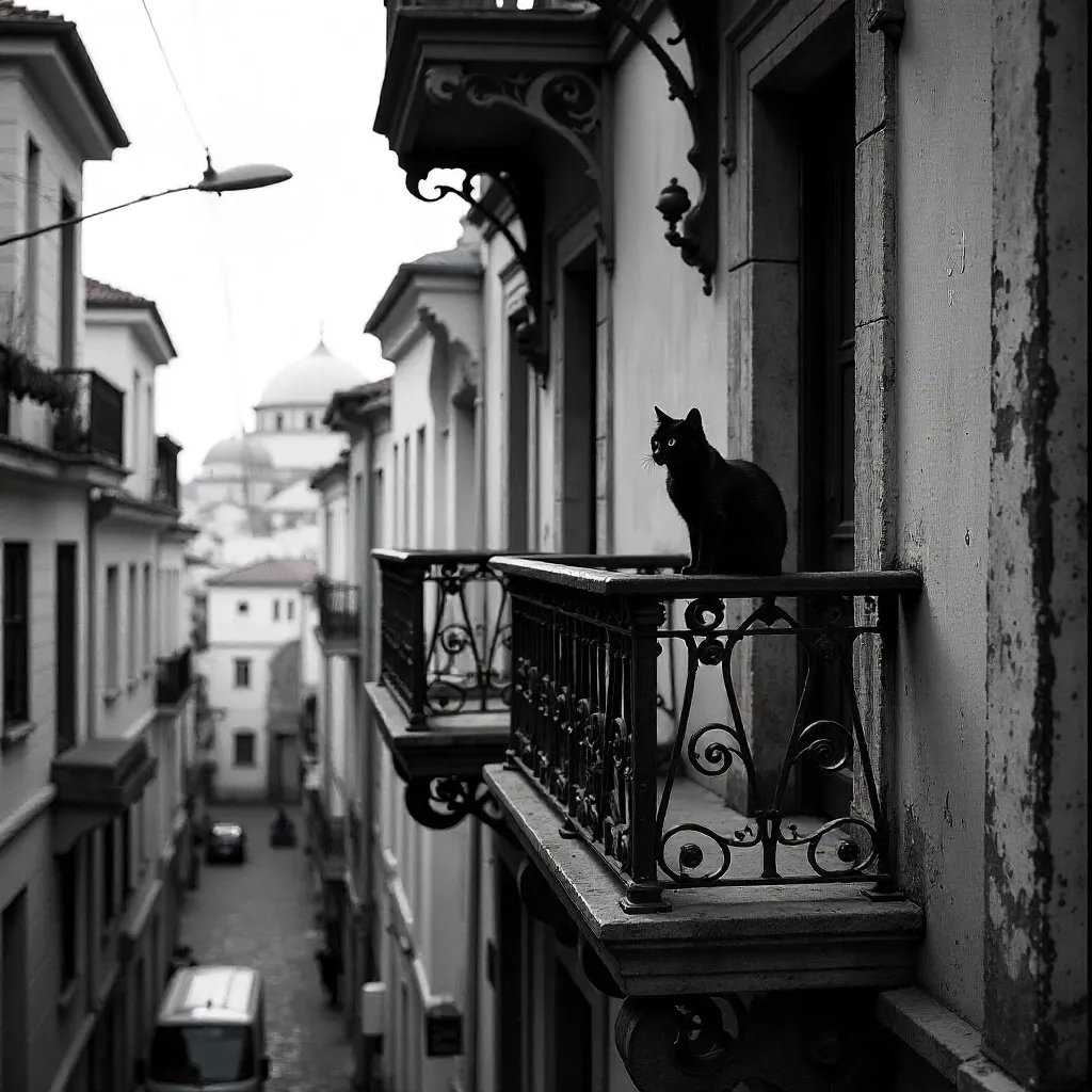 Monochrome Istanbul Balcony Cat - Urban Aesthetics