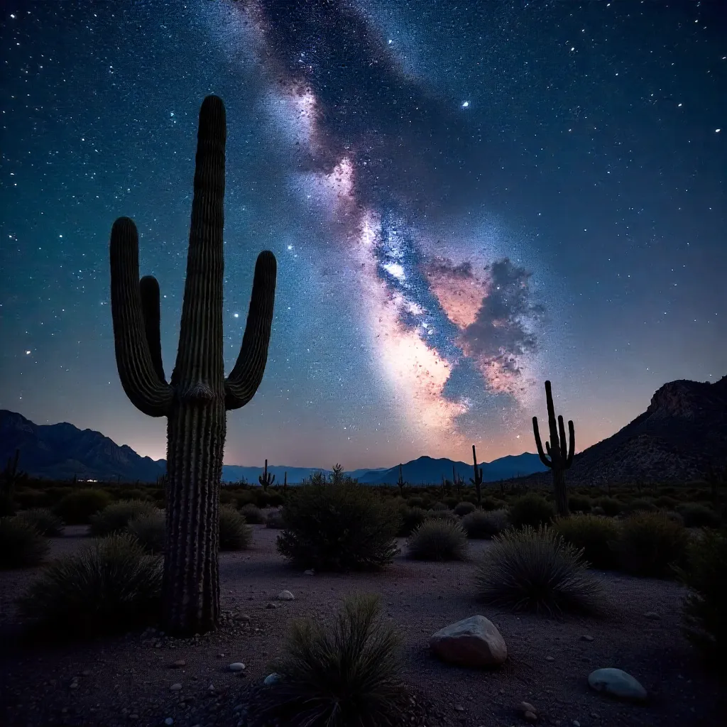 Milky Way Over Tucson: Saguaros in Night Desert