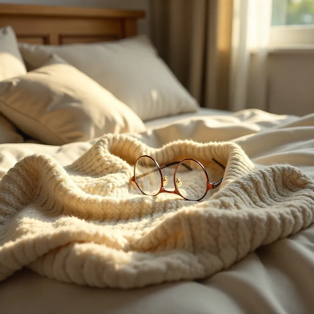 Cozy Beige Sweater with Glasses on Bed