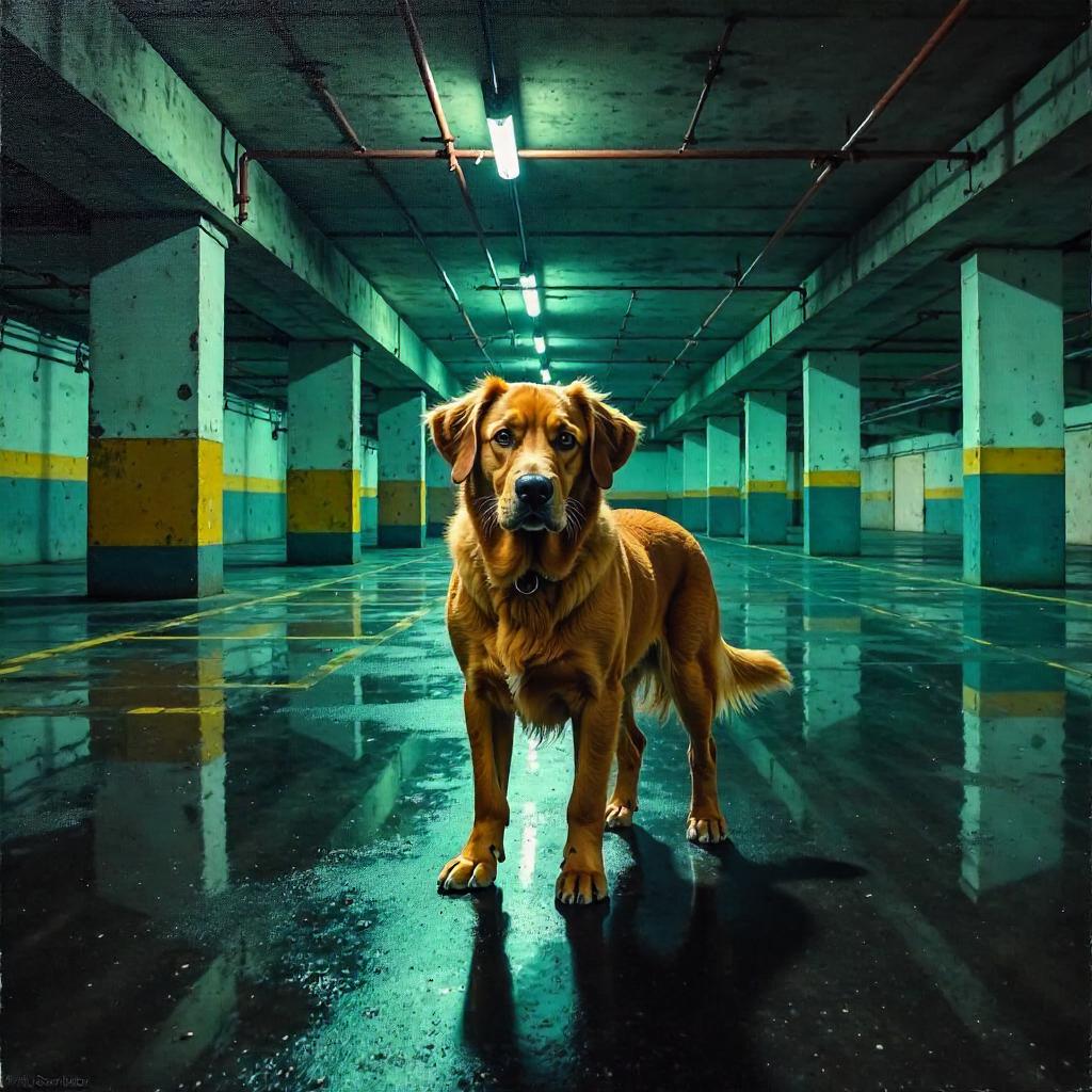 Moody Oil Painting of a Dog in a Parking Garage