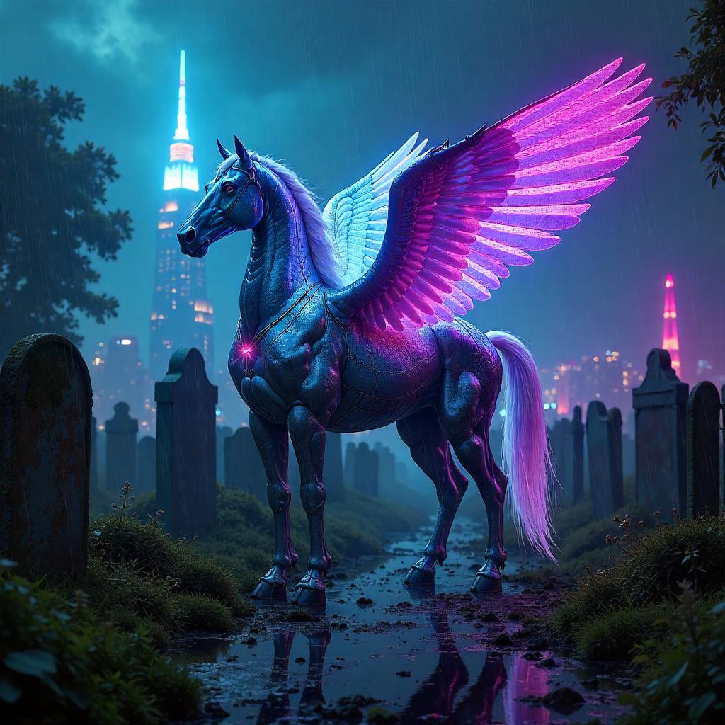 Cyberpunk Pegasus in a Neon Graveyard