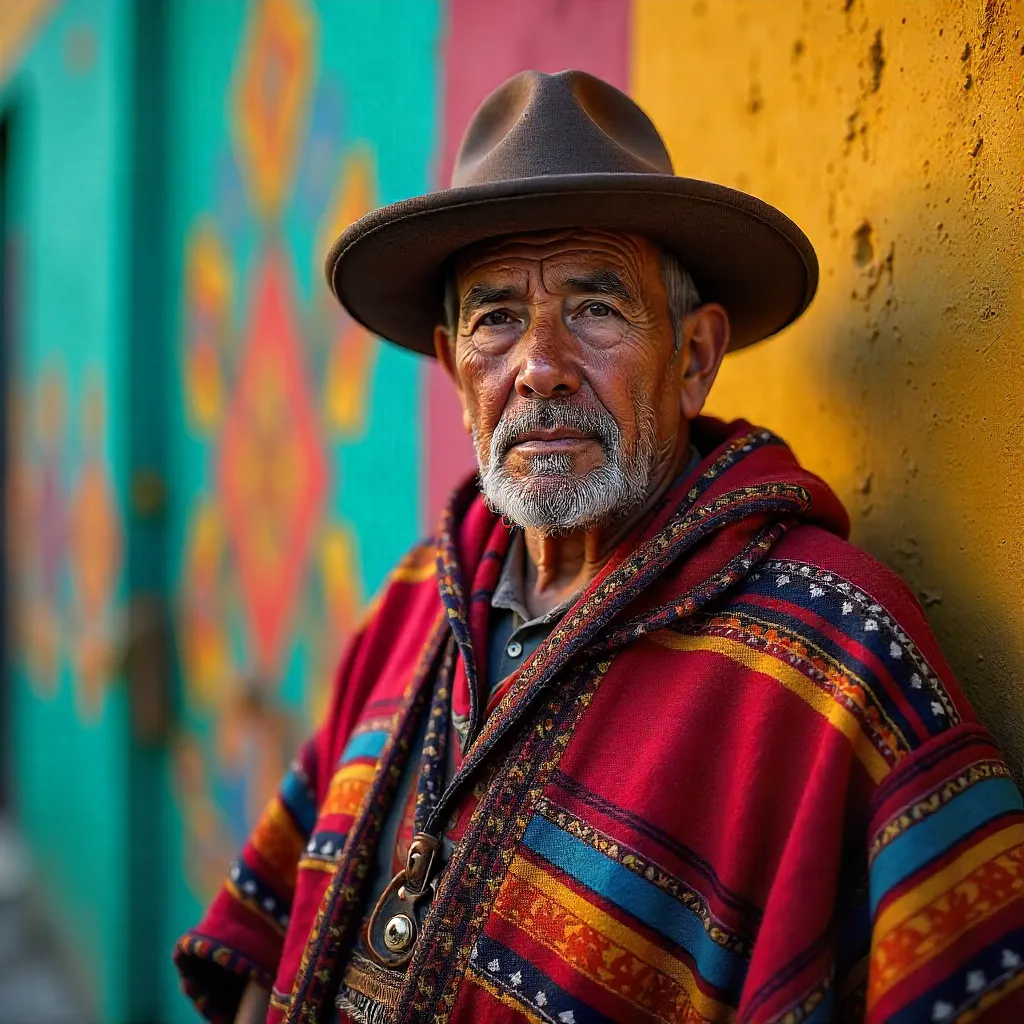 Elderly Peruvian Man by Colorful Wall